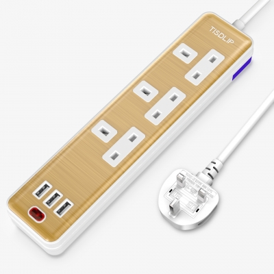 英式排插帶USB充電口【白底土豪金】